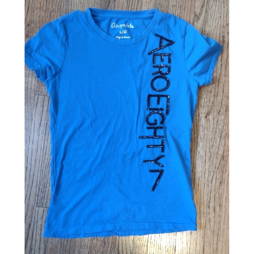 Aéropostale Sky Blue Short Sleeve Graphic Tee Girls Size L Sequin Aeroeighty7